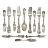 A selection of Kings and decorative pattern forks, comprising: three King's pattern table forks,