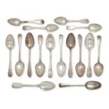 A selection of Georgian silver spoons comprising: a George II tablespoon by Samuel Hutton, date mark