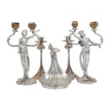 A pair of reproduction candelabra after Bonnefond, 34cm high, together with a reproduction figural