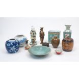 A group of Asian items, comprising: a ceramic pillow, a Chinese prunus ginger jar, a Robin's egg