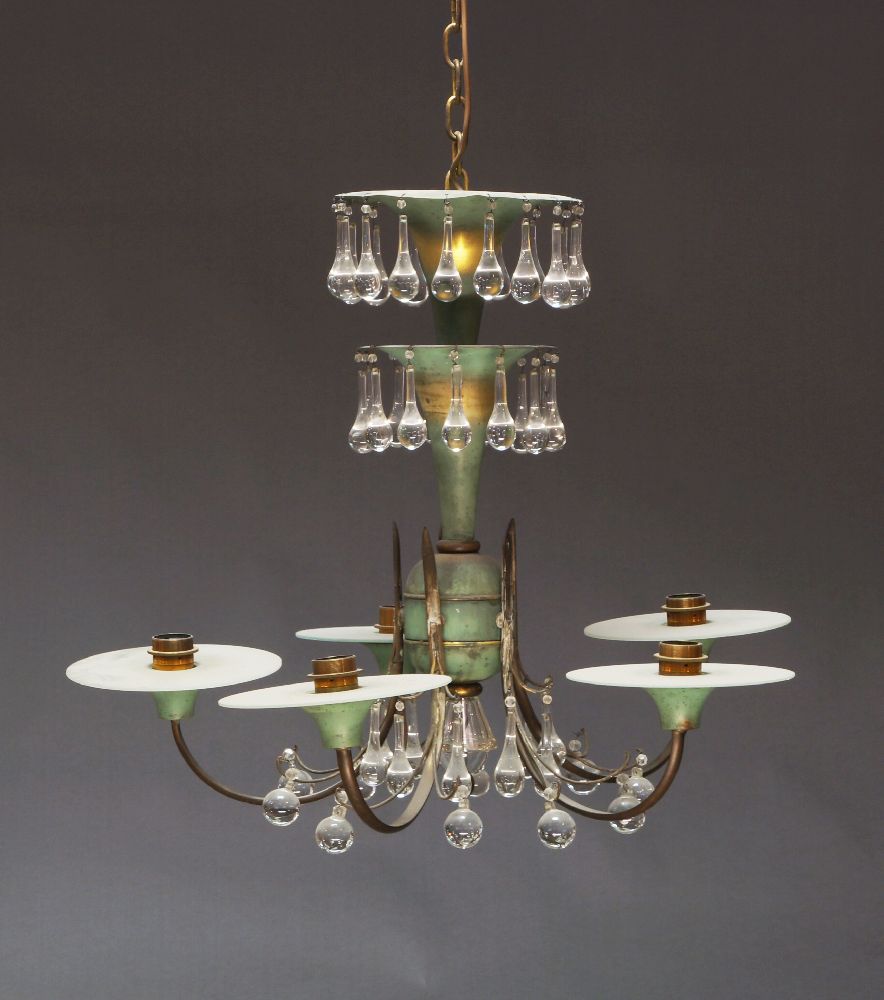 A five light chandelier, mid 20th Century, in green patinated finish, with brass arms and glass