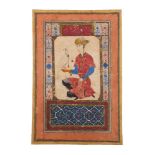 An Indian miniature painting of a kneeling falconer, 20th Century, the bird perched on his right