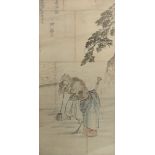 19th century Japanese school, ink and colour on paper, two figures sweeping along the shore