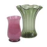 A Stourbridge Green Glass vase, 20th Century, of waisted cylindrical form and crimped flaring rim,