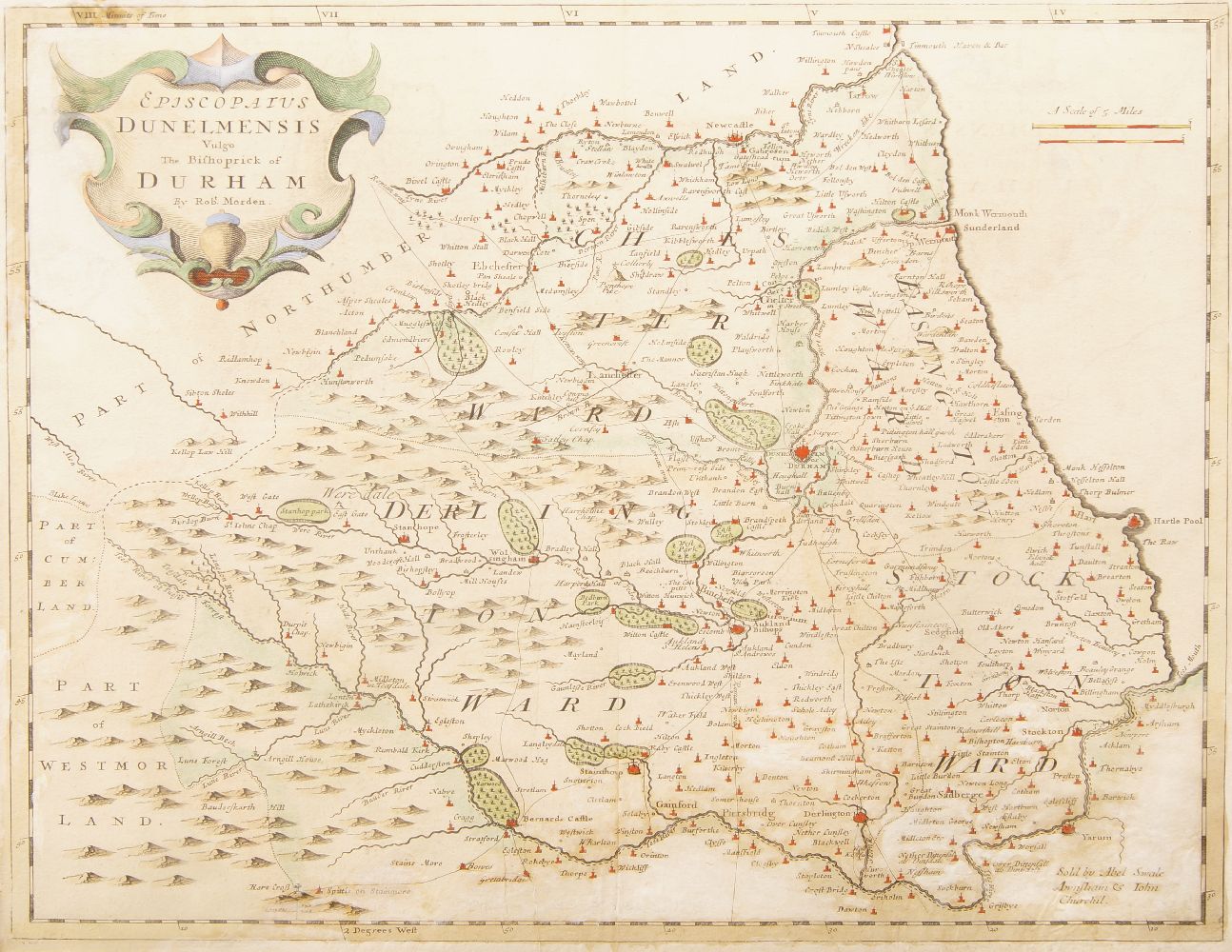 Robert Morden, British c.1650-1703- Episcopatus Dunelmensis, a Map of Durham; hand-coloured