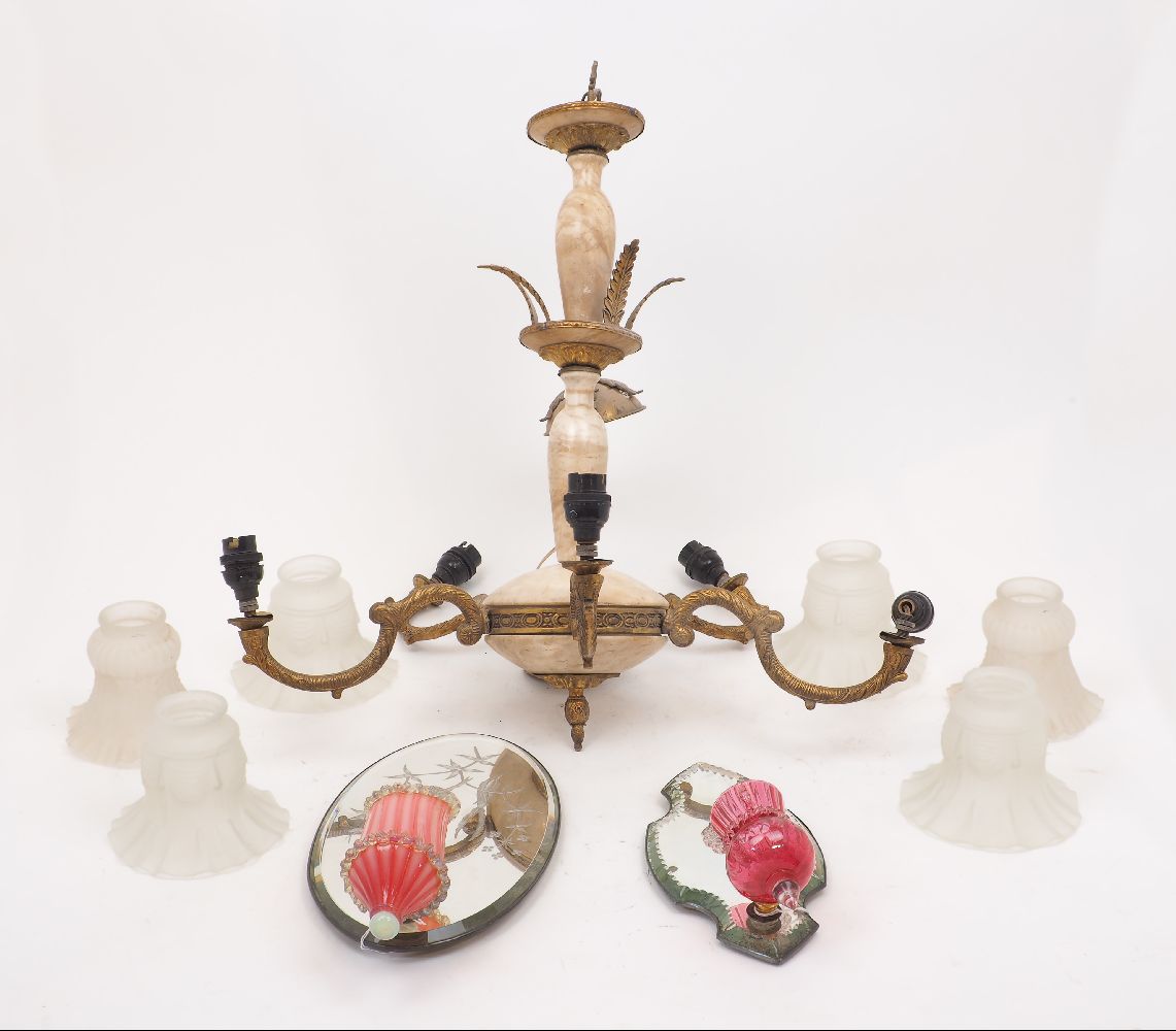 An Alabaster and bronze five branch chandelier with shaped column and foliate decoration, with chain