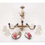 An Alabaster and bronze five branch chandelier with shaped column and foliate decoration, with chain