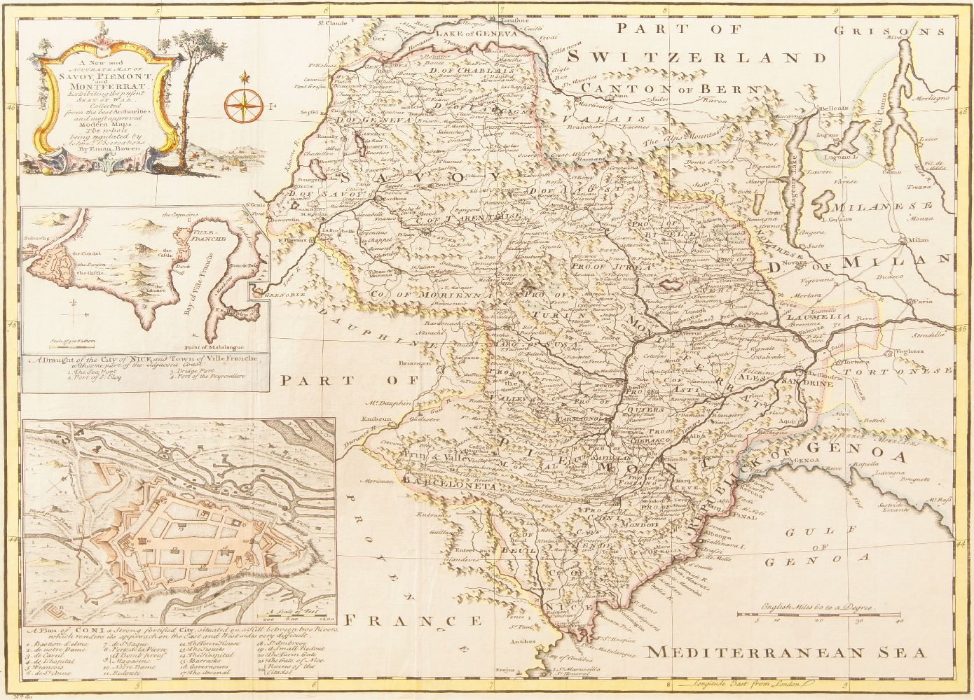 Emanuel Bowen, British 1694-1767- A New and Accurate Map of Savoy, Piedmont and Monterrat; hand-