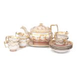 A Regency style part tea set, in pink, white and gold colourway, comprising a teapot and cover, 14.
