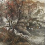 20th Century Chinese School, autumnal river and mountainous landscape with figures and swans,