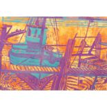 Arthur Butler ARCA, British 1918-2003- Moored fishing boat by a jetty; linocut and monoprint in