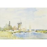 Johan Hendrik van Mastenbroek, Dutch 1875-1945- Dutch canal scene with windmill; pencil and