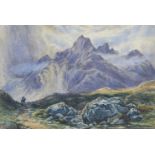 European School, mid-late 19th century- A lone rider in an Alpine landscape; watercolour with