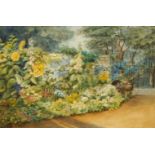 Joan Kerry, British 1929-1996- Garden scene with extensive flower border; watercolour, signed and