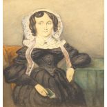 British Provincial School, early 19th century- Portrait of a seated lady holding a book; watercolour