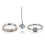 Two diamond set rings and an aquamarine pendant necklace, ring comprise, an 18ct white gold