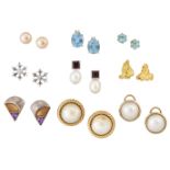 Nine pairs of various earrings, including: a pair of diamond single stone snowflake design earstuds,