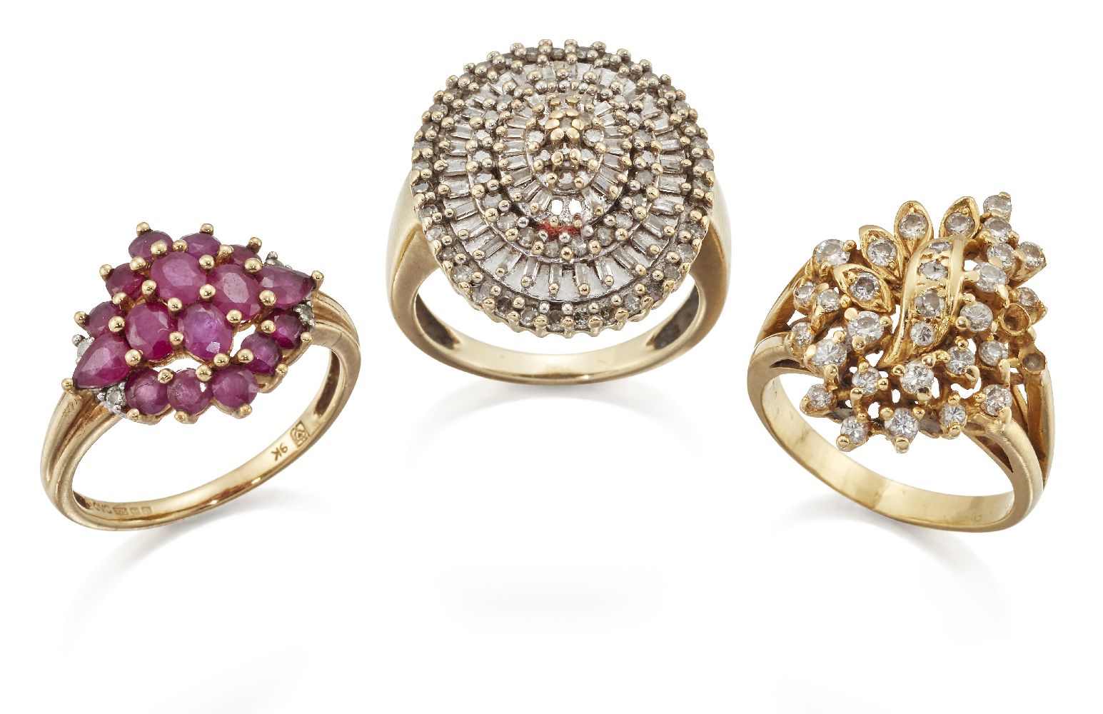 Two diamond rings and a ruby ring, the first a brilliant-cut diamond floral cluster ring, ring