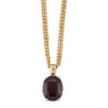 A garnet pendant necklace, the single oval garnet pendant suspended from a curb-link neckchain,