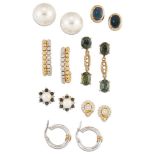 Seven pairs of earrings, including: a pair of black opal single stone earstuds; pair of green