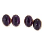 A pair of 9ct gold and amethyst cufflinks, each link a closed-set oval amethyst collet to chain link