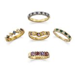 A group of five diamond and gem half-hoop rings, comprising: a circular sapphire and brilliant-cut