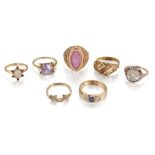 A group of seven gem rings comprising: an amethyst and seed pearl ring, size N½; a diamond cluster