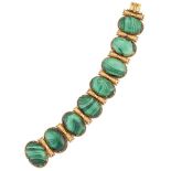 A 19th century Russian gold and malachite bracelet, composed of a series of oval cabochon