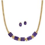 An amethyst and diamond necklace and a pair of earstuds, the necklace composed of five twin claw-set