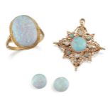 A small group of opal jewellery, comprising: a star shaped cluster pendant, the circular opal centre