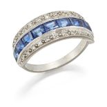 A diamond and sapphire triple row ring, the central brilliant-cut diamond single row flanked by a
