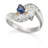 A sapphire and diamond ring, of crossover design, the heart shaped sapphire and diamond single stone