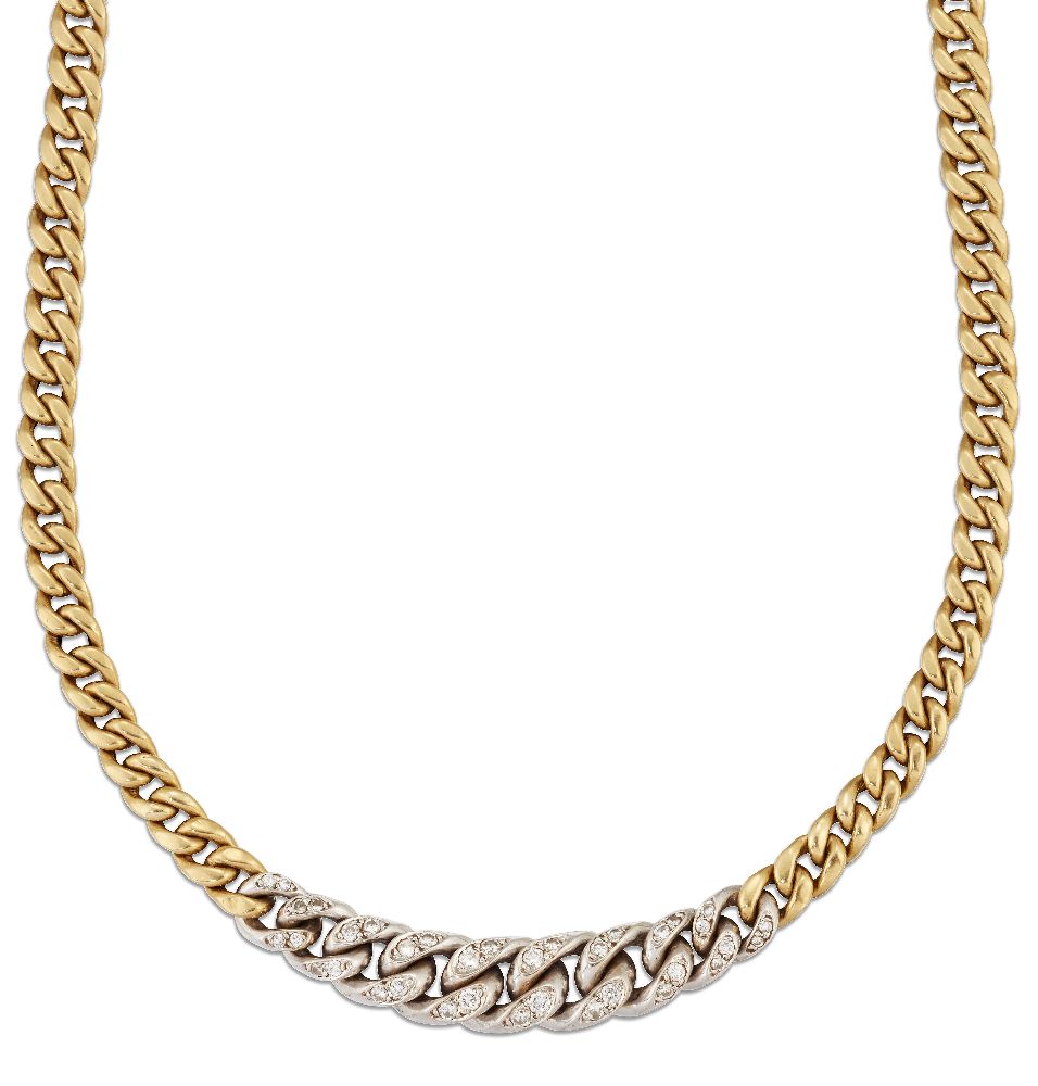 A flexible two colour necklace with diamond links, the uniform curb-link necklace with a central