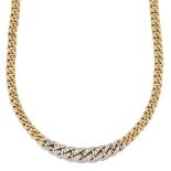 A flexible two colour necklace with diamond links, the uniform curb-link necklace with a central