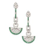 A pair of emerald and diamond drop earrings, the brilliant-cut diamond pierced fan shaped drops with