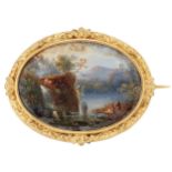 A 19th century gilt mounted painted miniature brooch, depicting a lake scene, c.1840Please refer