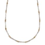 A 9ct gold two colour necklace, of stylised staple and knot link design, length 45cm, European