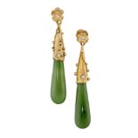 A pair of nephrite jade and diamond ear pendants, the tapered nephrite jade drops to tapered