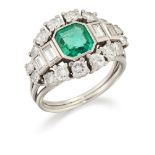 An emerald and diamond ring, the cut-cornered rectangular emerald single stone, measuring