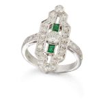 A diamond and emerald panel ring, the central brilliant-cut diamond collet between baguette-cut
