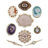 Nine various brooches, including an Edwardian oval amethyst single stone brooch with half-pearl