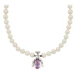 A pink topaz, diamond and cultured pearl necklace by Georg Jensen & Wendel, the single row of
