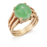 A jadeite jade single stone ring, the oval jade in claw mount to an openwork hoop, ring size O