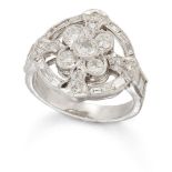 A diamond cluster ring, the central brilliant-cut diamond five stone flowerhead to a baguette-cut
