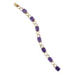 An Amethyst and diamond flexible bracelet, composed of seven claw-set rectangular-cut amethyst