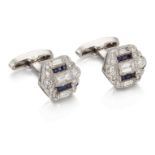 A pair of sapphire and diamond cufflinks, composed of octagonal panels, each with central baguette-