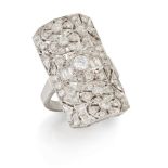 A diamond panel ring, the brilliant-cut diamond pierced curved rectangular panel with single stone