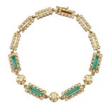 An emerald and diamond flexible bracelet, composed of a four claw-set rectangular-cut emerald and
