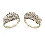 Two diamond cluster rings, one of brilliant-cut diamond triple-row; the other of baguette and