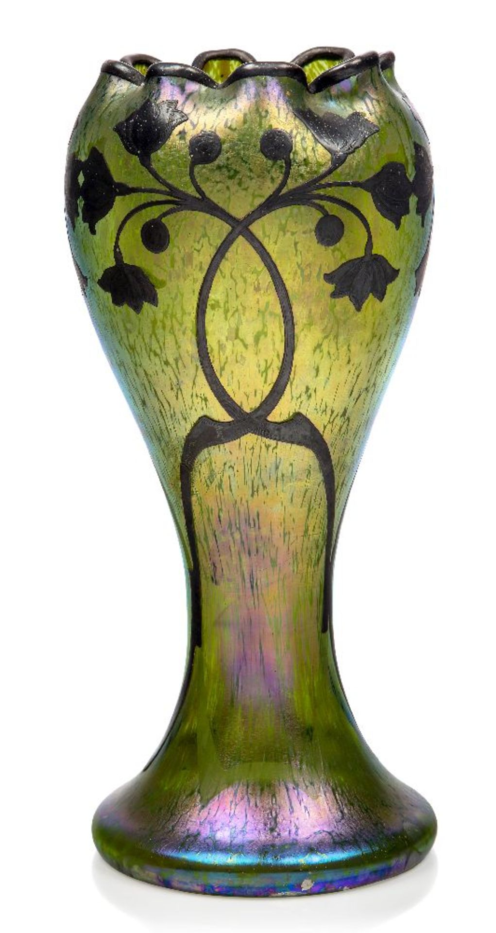 Loetz (Austrian), an iridescent Papillon glass vase with silver appliqué, c.1900, ground out pontil,